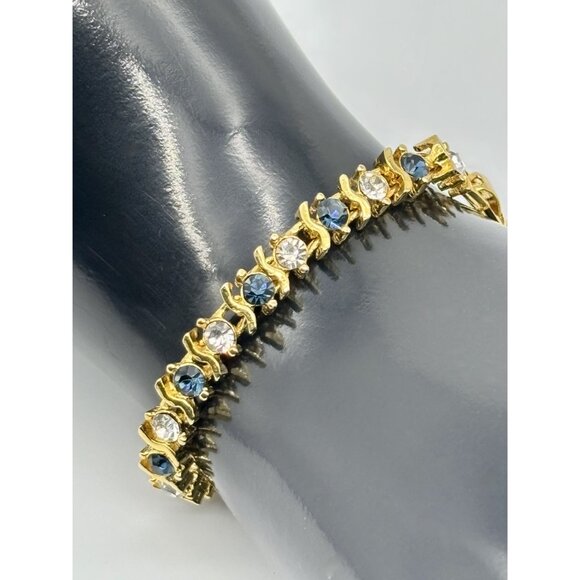 Vintage Gold Tone Metal and Faux Sapphire Faux Diamond Tennis Style Bracelet 80s - Picture 2 of 13